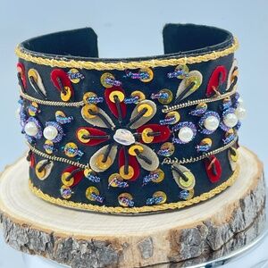 Contemporary Embellished Black Fabric Covered Bangle Cuff Bracelet 7"